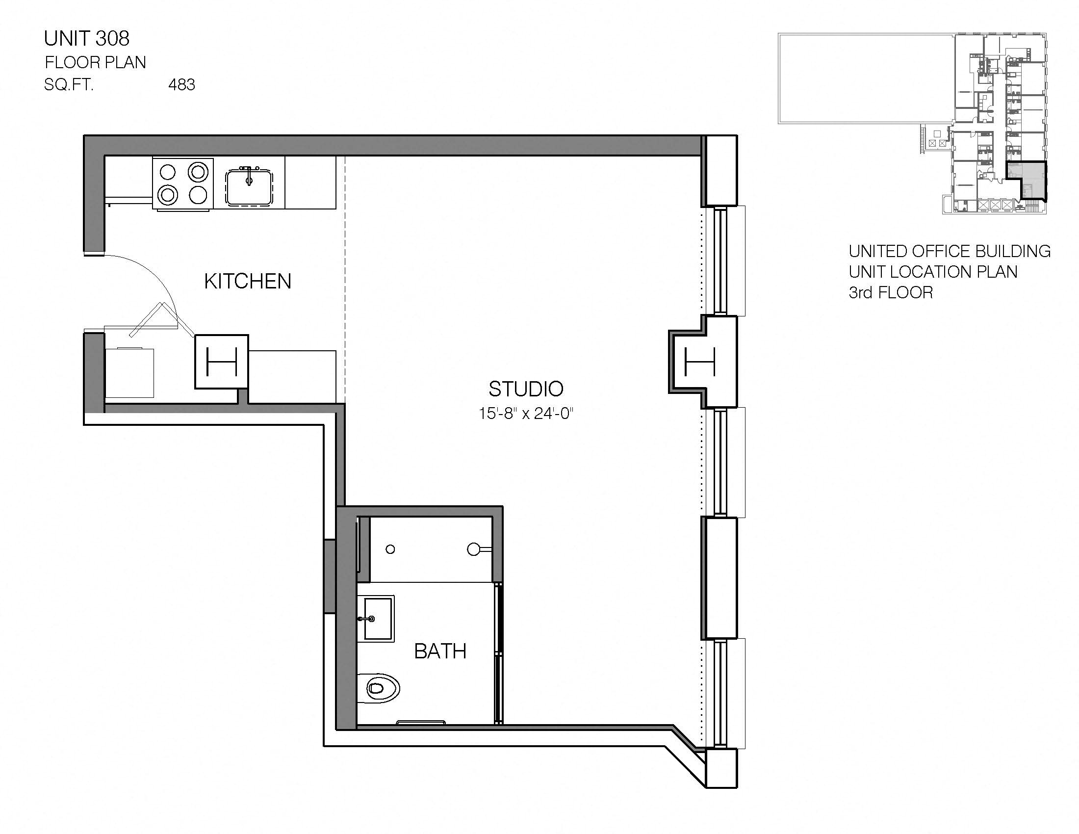 Floor plan for studio, 1 bath, 483 sqft